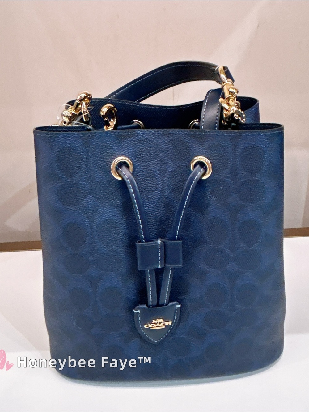 Coach cez36 Rowan Navy Signature Leather Drawstring Bucket Bag with long strap